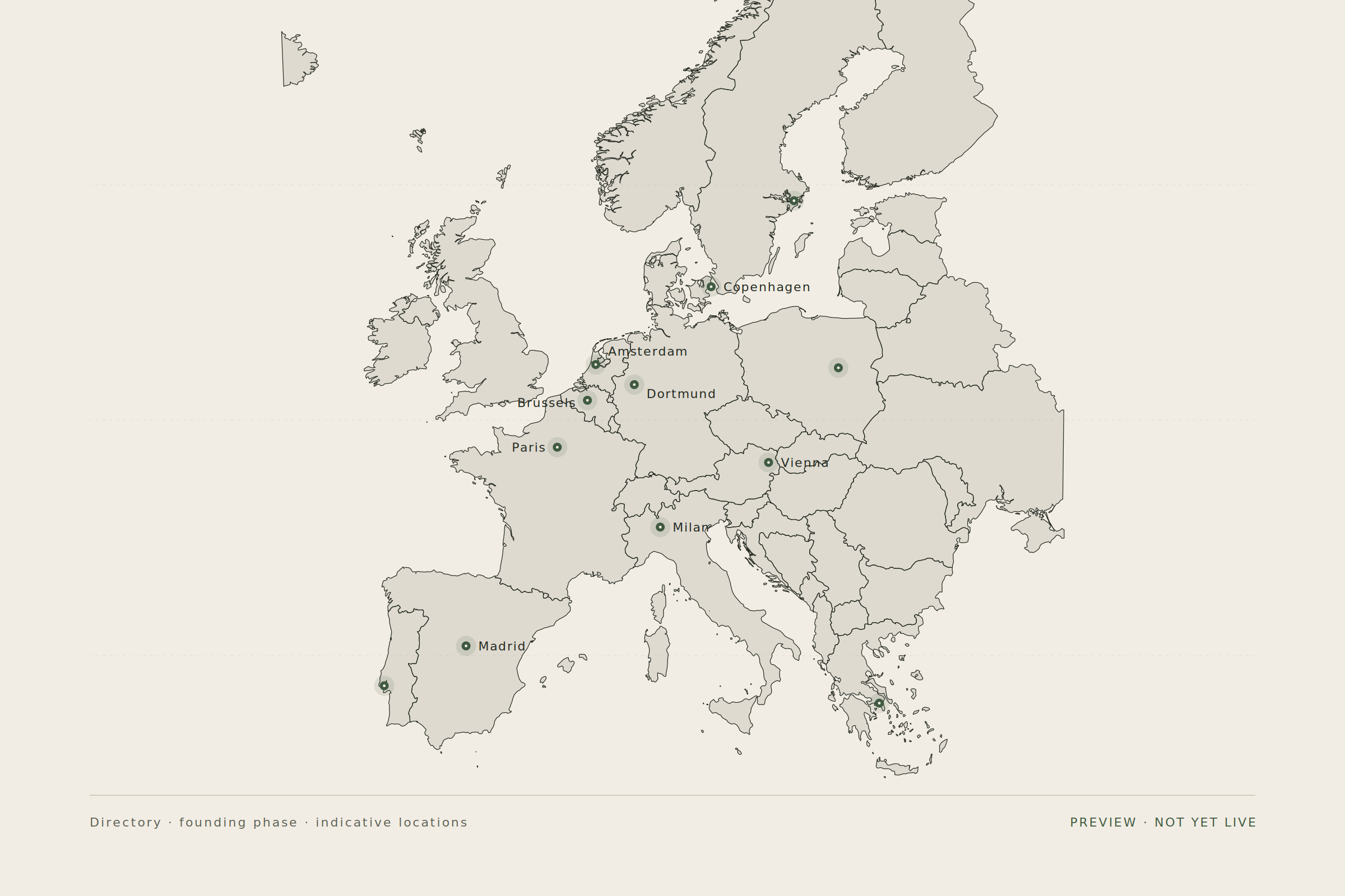 Map of Europe with twelve location pins indicating founding-phase European Bamboo Foundation network sites