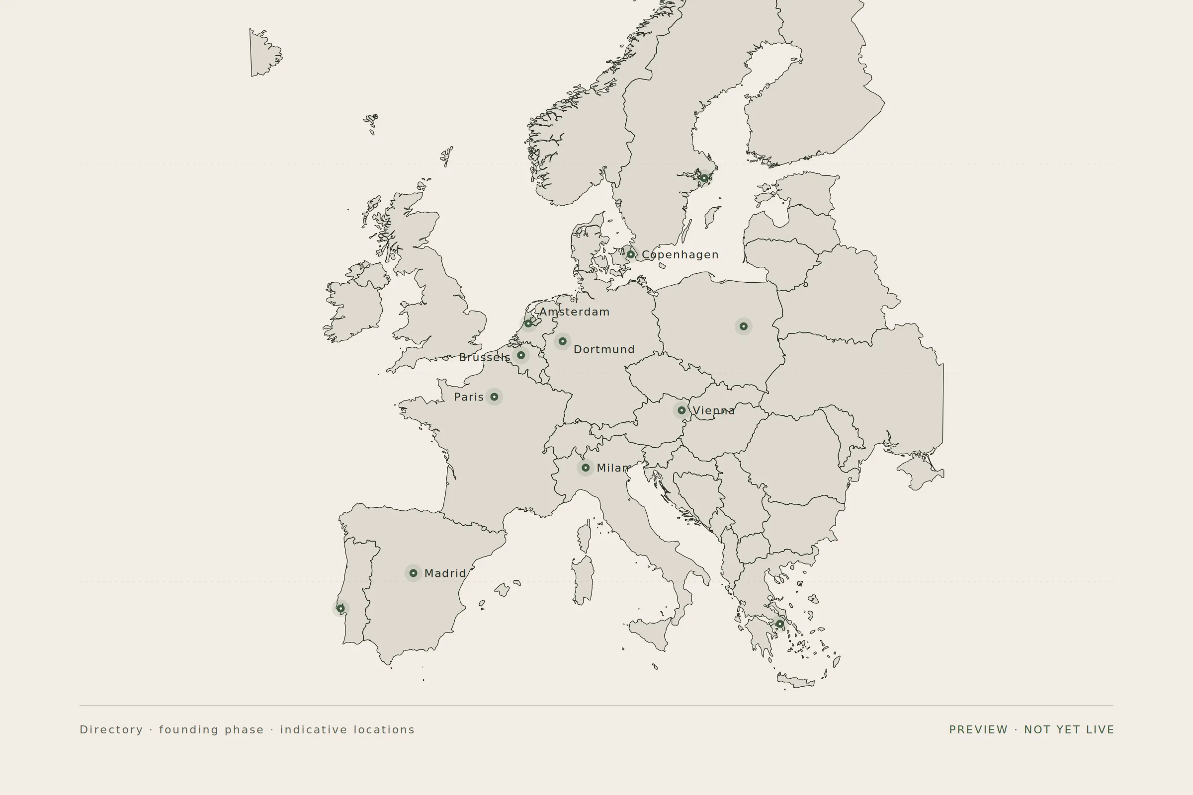 Map of Europe with twelve location pins indicating founding-phase European Bamboo Foundation network sites